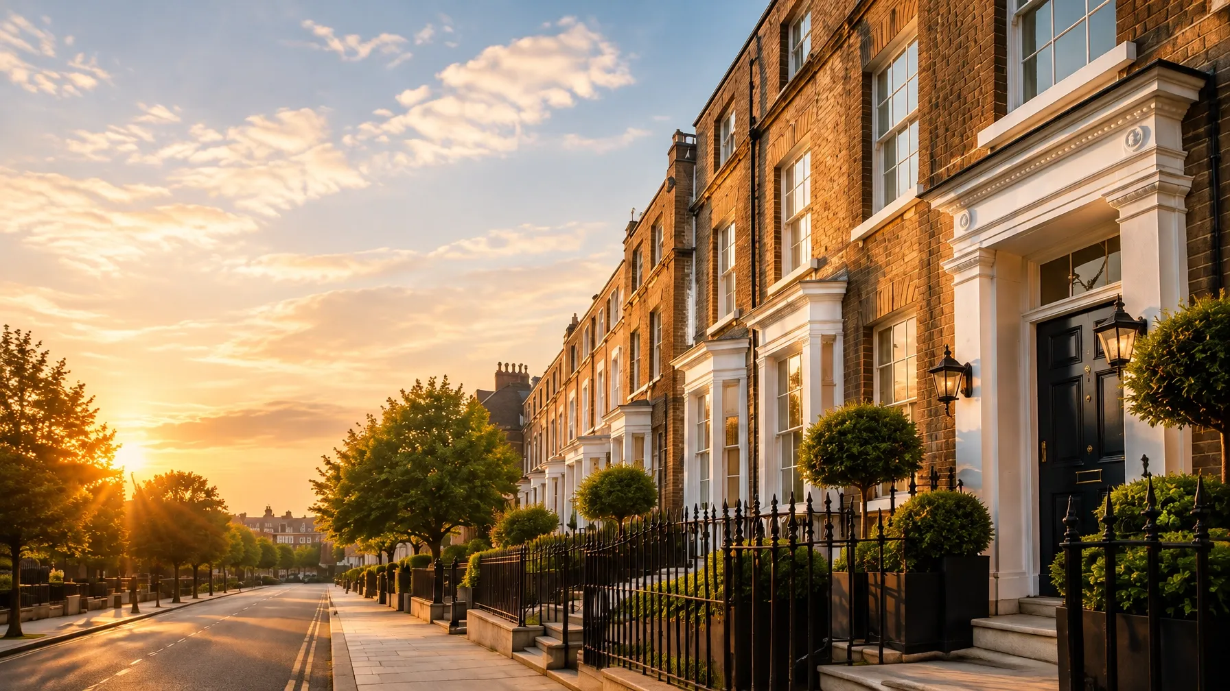 Elegant London townhouses in warm evening light